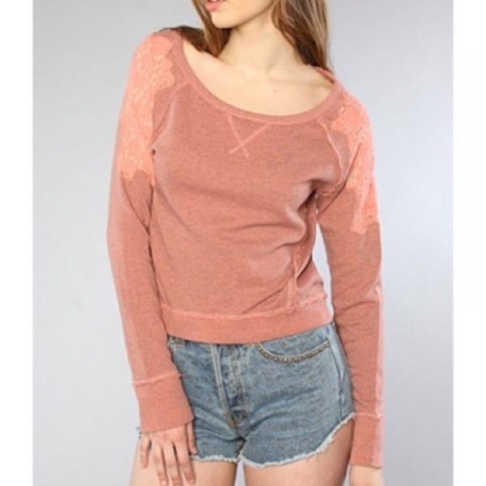 Free People Pink Lace Shoulder Crop Sweatshirt XS